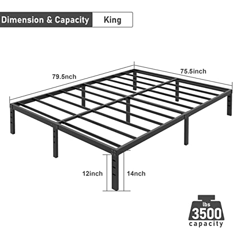 Tieguner 14 Inch King Bed Frame, Heavy Duty Metal Platform Easy Assembly Bed Frame, No Box Spring Needed Mattress Foundation 3500 Lbs Support, Noise Free, Maximum Storage (Black) #TOP1