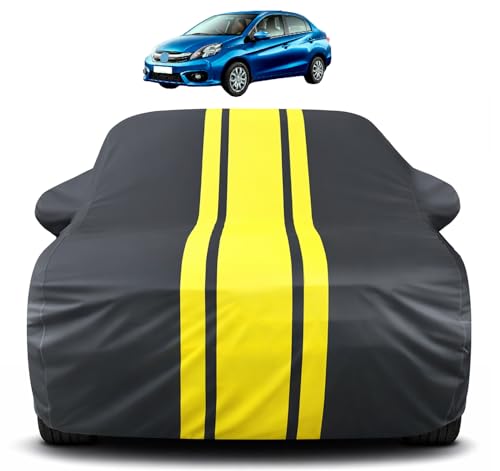Image of Auto Hub Car Cover Compatible with Honda Amaze(Model : 2013-2022) with Antenna & Mirror Pocket, Soft Cotton Lining, Amaze Car Cover Waterproof - Yellow-Black