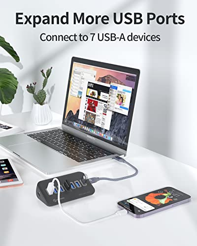 PHIXERO-7-Ports-USB-30-Hub-5Gbps-USB-Port-Hub-with-a-2-in-1-USB-C-to-USB-AC-Cable-10Gbps-Portable-USB-Splitter-USB-Hub-for-Laptop-PC-iMac-MacBook-Playstation-Xbox