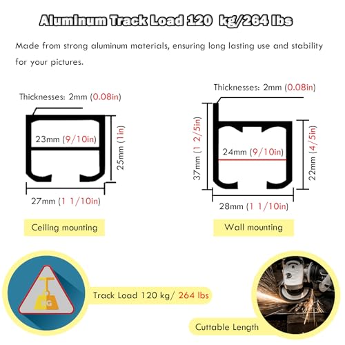 Image of AMUFJJ Art Gallery Ceiling Wall Mount Picture Hanging System Kit, Heavy Duty Photo Display Rail Track with 3 5 6 8 10 FT Long Steel Cords for Library /Museums /Schools(Ceiling Mount,3m /9.8ft Cable)
