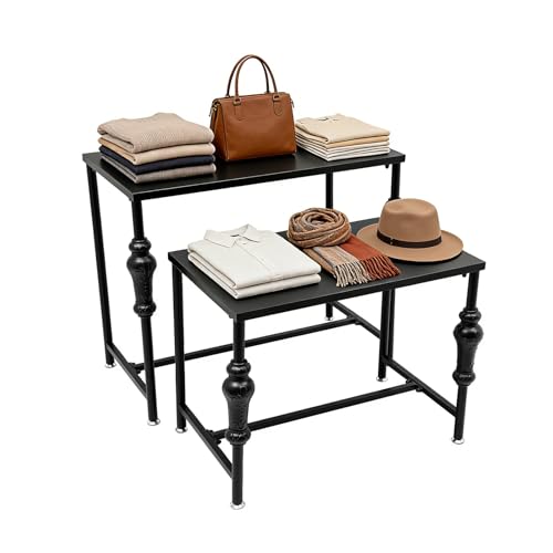 HZOPUTLH Industrial Retail Display Tables, Set of 2 Standing Clothing Shoes Display Rack, Retro Unit Storage Shelves for Clothing Stores Guest Rooms Homes Entrances (Black)