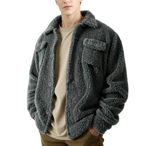 Image of GINGTTO Mens Furry Button-Up Jacket 4 Pockets Fluffy Coat For Men