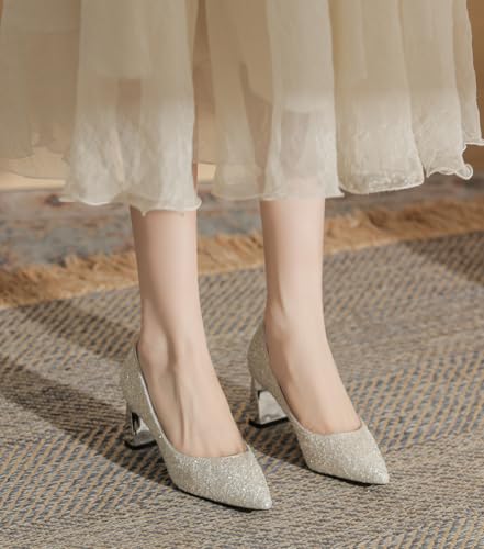 YooPrettyz Women Shimmery Mid Heels Wedding Pointed Toe Sequined Evening Bridal Dress Block Heels Shoes4