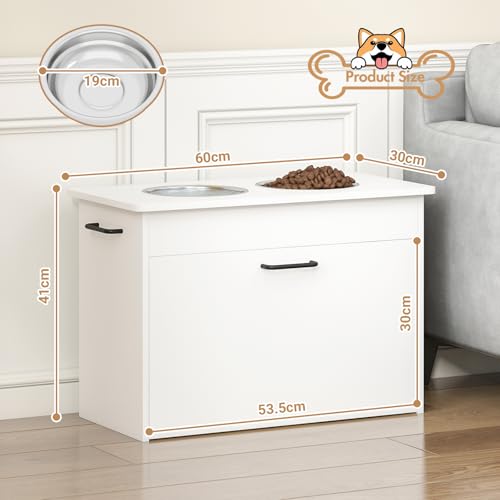 Hundenapf Erhöht Große Hunde, Weißer Futterschrank mit 2 Edelstahlnäpfen, Futterstation Hund mit Stauraum und 3 Griffen, Erhöhter Futternapf Hund, Hundebar Mittelgroße Hunde, 60x30x41cm