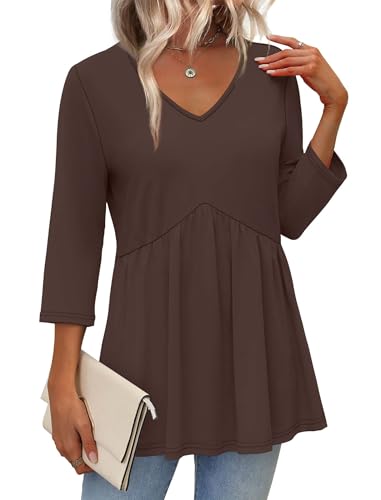 Image of OFEEFAN 3 /4 Length Sleeve Womens Tops 2026 Blouses for Women Dressy Casual Fashion Clothing V Neck Babydoll Tops Fall Outfits