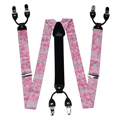 Image of GUSLESON Adjustable Plaid Floral 6 Clips Y Shape Suspenders Pre-tied Bow Tie and Pocket Square Set with Gift Box