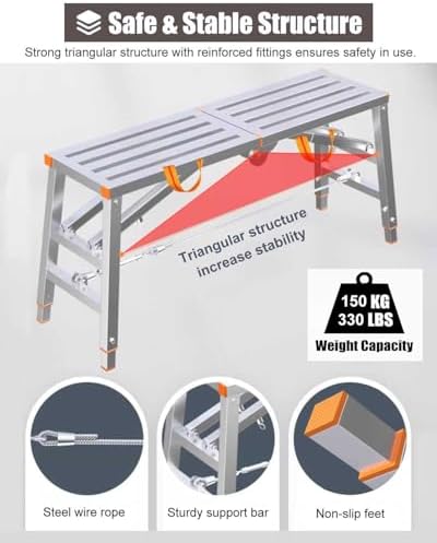 Folding Adjustable Scaffolding Ladder Work Platform - Maintenance Workbench Stool for Home Improvement & Industrial Use, Height Adjustable Scaffolding Equipment