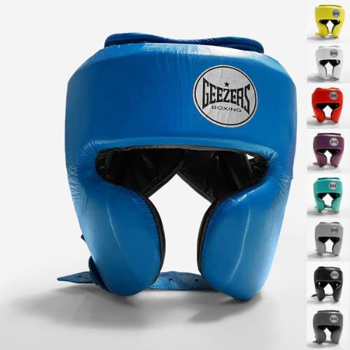 Geezers Boxing Elite Pro 2.0 Sparring Cheek head-guard, Ultra-durable Leather Material, layered padding protection Headguard for Boxing, MMA & Martial Arts, Men and women’s (Large, Aqua Blue)