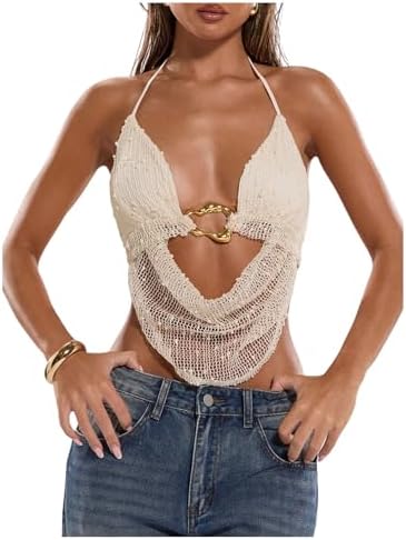 MakeMeChic Women's Y2k Crochet Halter Top Tie Open Back Metal Rin...
