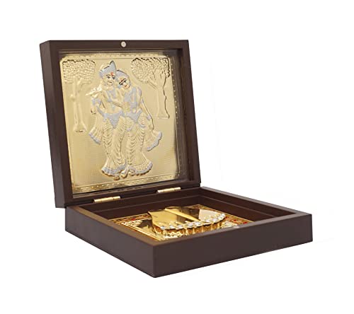 Image of Idolkart Radha Krishna murti Pocket Temple 24 Karat Gold Coated - Photo Frames, Gift, Radhakrishna Pooja Box Crafted from Wood,for Wealth, Prosperity and Vastu Benefits - Housewarming Gift - 2x3
