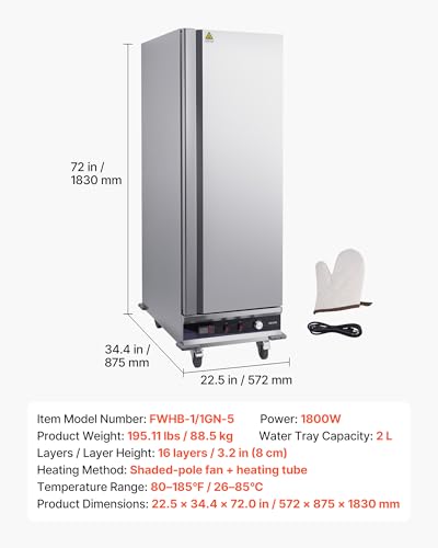 Image of VEVOR Electric Hot Box Food Warmer, 16-Tier Commercial Warming Cabinet with Water Tray, Single-Door and Adjustable Shelves, Stainless Steel Food Warmer Cabinet, for Restaurant, Kitchen, Pizza, Chicken