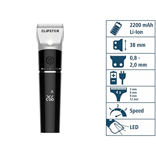 Clipster Akkuschermaschine DeloX, Tierschermaschine, inkl. 4x Aufsteckkamm, schwarz, Detailschur, Li-Ion Akku, Scherbreite 38mm, Laufzeit 300min, mit LED-Licht