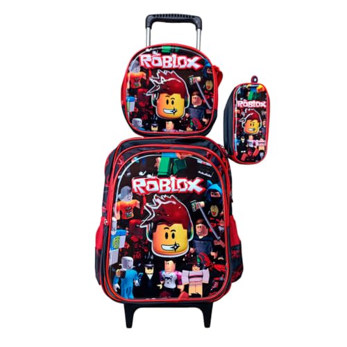 Kit Mochila do Robllox em 3D com Rodinhas Escolar Infantil + Lancheira Térmica + Estojo em Alto Relvo Escolar