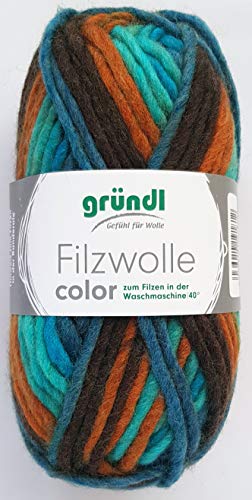 Gründl - Ovillo de Lana de Fieltro (50 g), Color 52 Turquesa, marrón y Azul