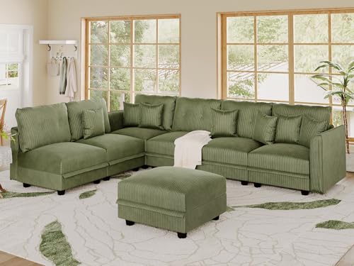 Image of LLappuil Modular Sectional Sofa with Storage, L-Shaped 7-Seat Corduroy Couch with 6 Throw Pillows, Pet-Friendly Convertible Sofa for Living Room & Apartment, Skin-Friendly, Green