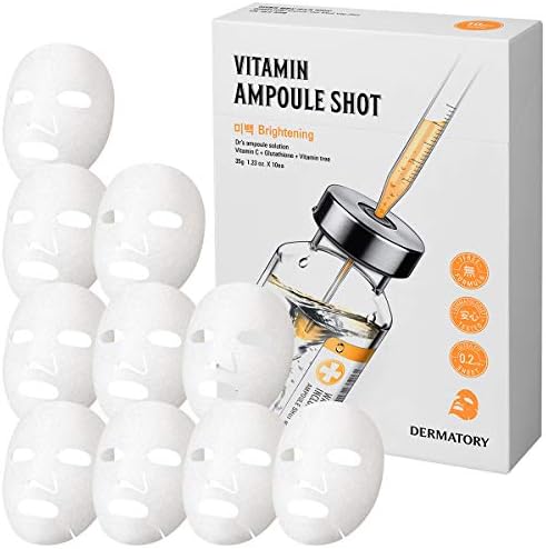 Dermatory Vitamin Ampoule Shot Sheet Masks | Brightening, Intense Hydration, Refine Skin Tones, Vitamin C, Hyaluronic Acid, Ultra-Thin Cellulose Sheets (0.2mm), Dermatologist Tested (10 Pack)
