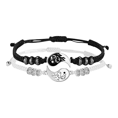 Singular-Point 2-Pack of Yin Yang Matching Bracelets Tai Chi Bagua Rope Bracelet Adjustable Braided Rope Bracelet for Couples, Girlfriends Braided Bracelet, White, One Size Cover