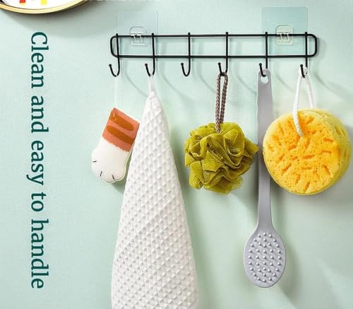 Image of iSTAR Heavy Duty Adhesive Wall Hooks Rack | No Drill Multipurpose Kitchen & Bathroom Organizer | Strong Self Adhesive Hanging Hooks for Towels, Utensils, Clothes, Bags (6 Hooks) - Black