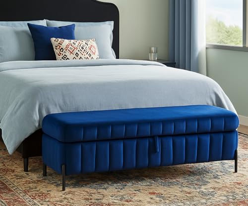 Aortzio Storage Bench for Bedroom, 49.2'' End of Bed Full Queen Size Navy Ottoman Upholstered Velvet Shoe Bench for Entryway, Hallway, Bedroom, Cloakroom, Living Room, Blue.