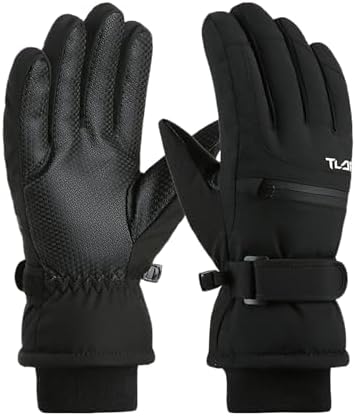 （22:30時点） [MOWO] スキーグローブ レディース 防寒手袋 【プロ仕様撥水加工】【3層保温素材・ファスナーポケット付き・指5本でタッチパネル対応・グリップ力MAX】 滑り止め 裏起毛 紛失防止 スノー スキー スノボ 登山 雪遊び バイク 除雪作業 フリーサイズ (ブラック, free size)