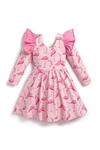 monica + andy Let's Dance Double Ruffle Dress, Size 4T, Pink Flamingos, 100% Organic Toddler Clothes for Girls, Long Sleeve, Sustainable Super Soft Fabric, Sizes for Kids, Toddler & Infant