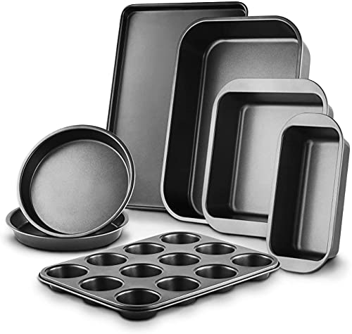 Creatif 7-Piece Nonstick Carbon Steel Bakeware Set Of Baking Sheets, Baking Pans, Muffin Pan, Cookie Sheets, Cake Pan and Bread Pan, Kitchen Oven Safe, Wide Handle