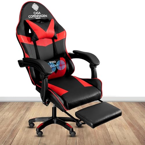Image of Casa Copenhagen Designed in Denmark,High-Back Italian Leather Gaming Ergonomic Chair with Advanced Mechanism & Electric Back Massager, Memory Foam Seating & Multi Function Arm-Rest - Red & Black