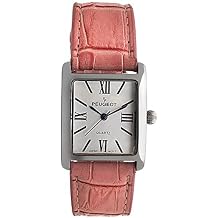 Peugeot Womens Silver-Tone Tank Shape Leather Dress Watch with Roman Numerals, White