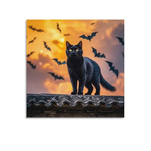 Toile murale abstraite chat noir deco salon moderne tableau 70 x 70 cm