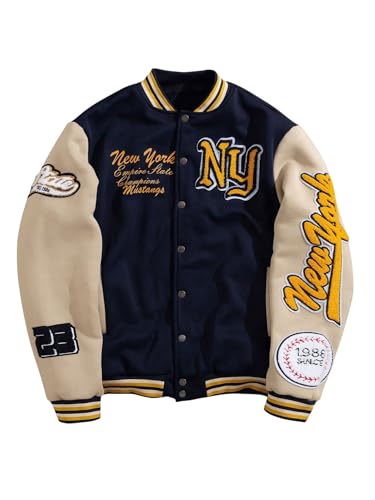 GORGLITTER Men's Letter Graphic Varsity Jacket Long Sleeve Striped Trim Button Bomber Jackets Apricot and Dark Blue Medium