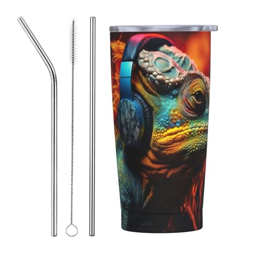 Chameleon Listen Music - Vaso con popote de acero inoxidable, perfecto compañero de viaje para oficina, paseos en coche y eventos deportivos