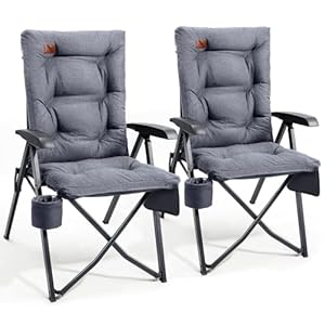 EVER ADVANCED Luxury Camping Chairs 2 Set for Adults Heavy Duty High Back Oversized Folding Garden Chair Comfy Padded 6cm Loadable 150kg Adjustable Dining Chairs 4-Position Recliner Chair Grey