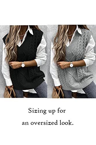 Sweezarmo Womens V Neck Cable Knit Blue Sweater Vest Solid Color Oversized Sweater Casual Sleeveless Pullover Tops #TOP1