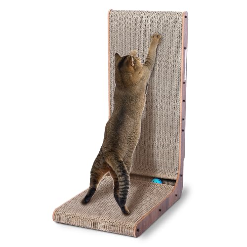 Image of Fluffydream Cat Scratcher with Cat Toys Ball Track, Build-in Ball, L-Shaped Scratcher, Cardboard Lounge Bed, Stable and Durable, Furniture Protector, Reversible