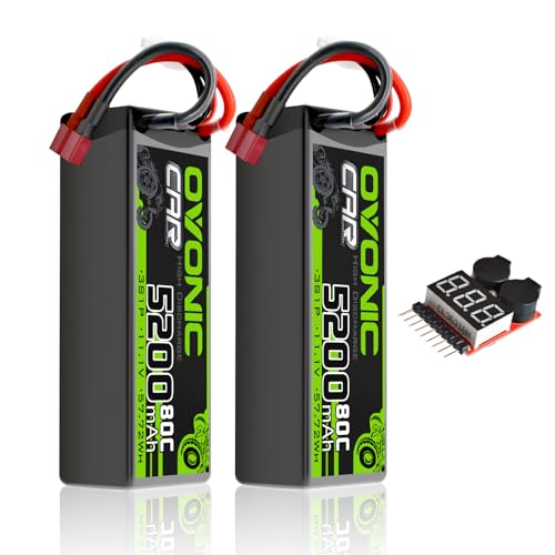 OVONIC Lipo Battery 11.1V 80C 5200mAh 3S Battery with Dean-Style T Plug Hardcase Battery for RC Car Boat Truck Helicopter Airplane Racing Models(2 Packs)(with Lipo Voltage Checker)