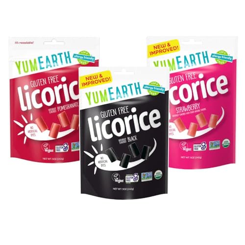 YumEarth Organic Licorice Lovers Variety Pack, 5oz(Pack of 6), Allergy Friendly, Strawberry, Pomegranate, Black Licorice, Gluten Free, Non-GMO, Vegan, No Artificial Flavors or Dyes