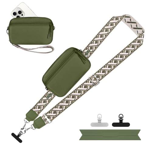 Image of YFWE Clip and Go Strap for Phone with Wallet Crossbody, Adjustable Phone Lanyard with Detachable RFID Wristlet Wallet, Pattern Strap - Olive Green(L)