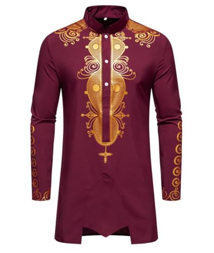 Mens African 2 Piece Set Long Sleeve Gold Print Men Suits Dashiki and Pants Outfit Traditional Suit2