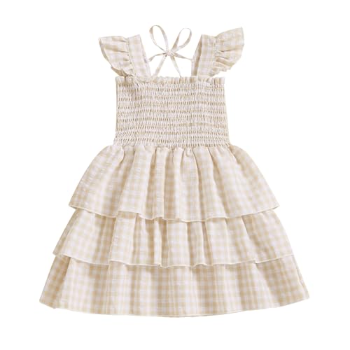 Little Girl Summer Dress Fly Sleeve Plaid Print Layered Smocked Dresses Cute Square Neck A-line Dress