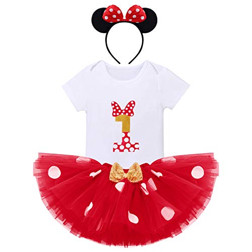 IBTOM CASTLE Recién Nacida Bebé Niñas Minnie Primer Cumpleaños Ropa Lunares Mameluco+Vestido de Lentejuelas de Tul con Volantes+Diadema de Ratón Disfraz de Princesa para Vestir Rojo-1 1 Años