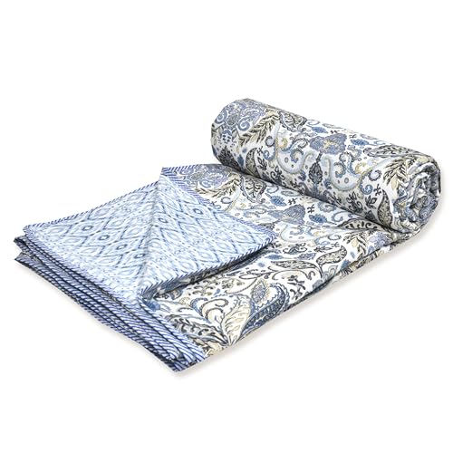 Image of Dohar Blanket Double Bed, Comforter Cotton, Quilt- Leafy Blue Grey