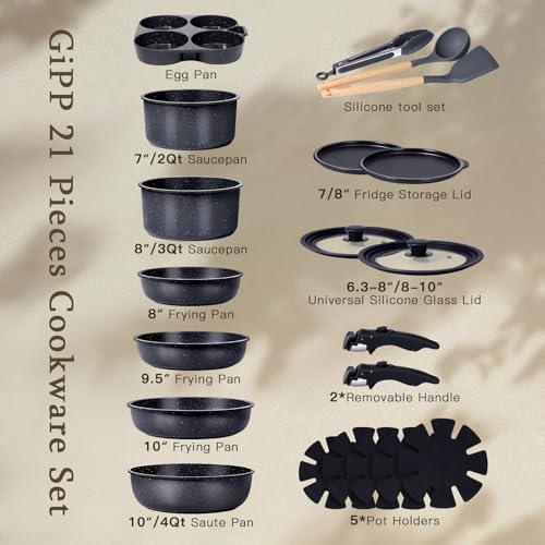 Image of GiPP Pots and Pans Set Detachable Handle Cookware Sets Kitchen Cooking Set | Non Stick,Healthy,Non Toxic,PFAS PFOA & PTFE Free, Dishwasher &Oven Safe, All Stoves are Compatible,Small Size,21PCS,Grey