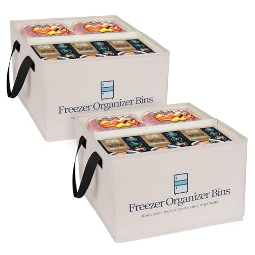 Image of Flenpptly Freezer Organizer Bins, 2 Pack Collapsible Deep Freezer Organizer Bins for 15 inchx14 inchx9 inch, freezer Storage Bins with Removable Dividers, Handles (Light Grey, 2 Pack)