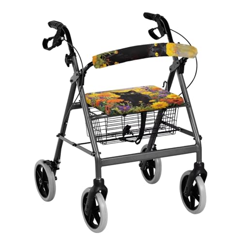Image of Universal Rollator Walker Seat and Backrest Covers for Ladies Flower Black Cat Rollator Accessories Cute Walkers for Seniors with Seat Covers