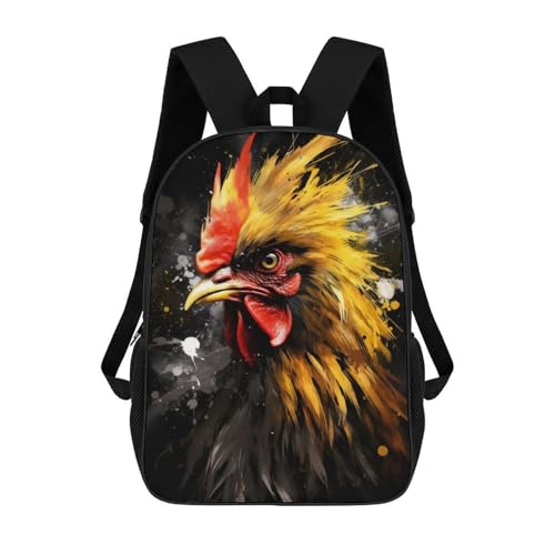 Sac à dos scolaire fille motif 3D coq doré grand sac de voyage 17"