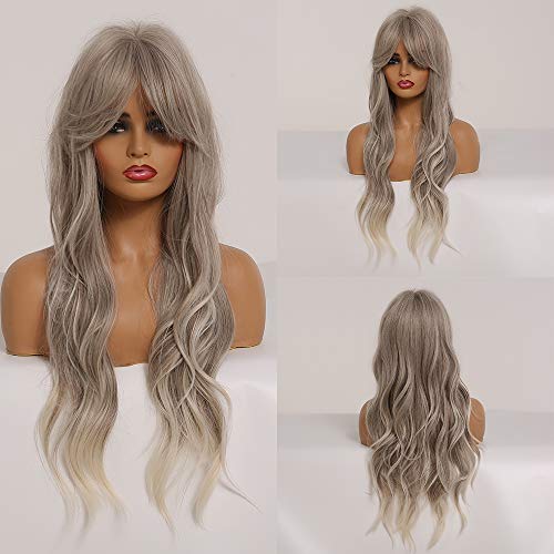 Esmee Long Gray Ombre Ash White Synthetic Wigs With Blonde Highlights For Woman Cosplay Wavy Wig With Bangs Heat Resistant