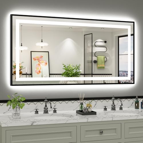 Image of 60x30 Inch LED Bathroom Mirror with Black Frame, Backlit & Front Lit, Anti-Fog Lighted Bathroom Vanity Mirror for Wall, Memory Function, Dimmable, HD Tempered Glass, Shatter-Proof