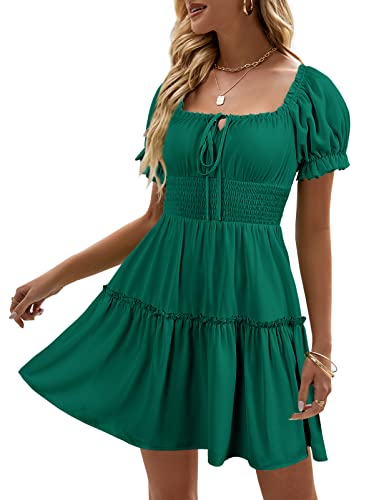 Heysolo Womens Boho Floral Smocked Square Neck Short Sleeve Ruffle Beach Summer Mini Dress