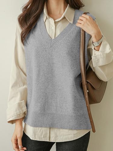 Image of Wowcarbazole Womens V Neck Sweater Vest Casual Ribbed Knitted Sleeveless Trendy Pullover Tank Tops Fall