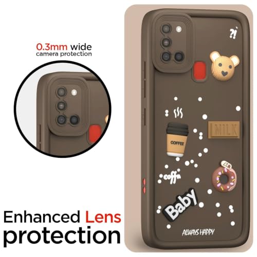 Image of Bintage Back Cover Compatible for Samsung Galaxy A21s 4G | Cute 3D Taddy Ball Bear Milk Cake Coffee Silicon Case Full Body & Camera Protection - Brown